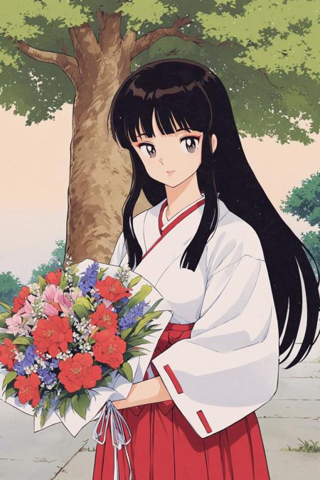 29166-25930259-Kikyo,1girl,solo,japanese clothes,miko,flower,skirt,black hair,long hair,hakama skirt,bouquet,tree,hime cut,kimono,ponytail,red.png